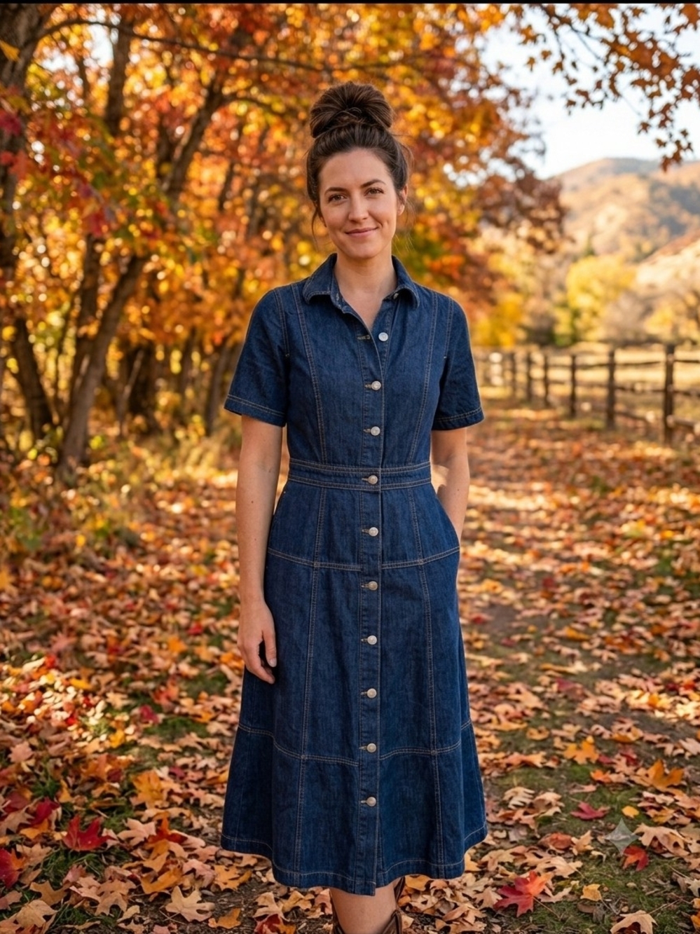 NWOT Free Assembly Women’s Paneled Denim Midi Shirt Dress in Dark Wash Blue.